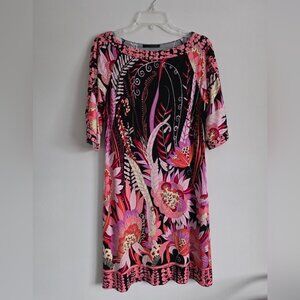 ELIE TAHARI | 100% Silk 1/2 Sleeve Shift Dress Floral Black Pink sz M